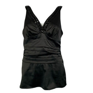 The Limited Top Womens Sz M Black Satin‎ Tank Stretch Pleated V Neck Beaded